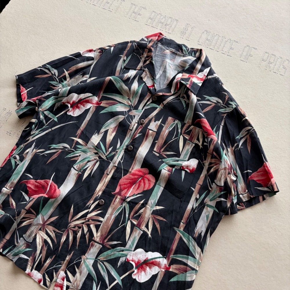 Vintage 70s Unbranded Tropical Bamboo Floral T-shirt Button Up Shirt